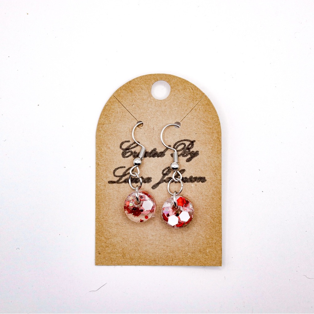 Red and White Glitter .5” Resin Earrings with silver Hardware